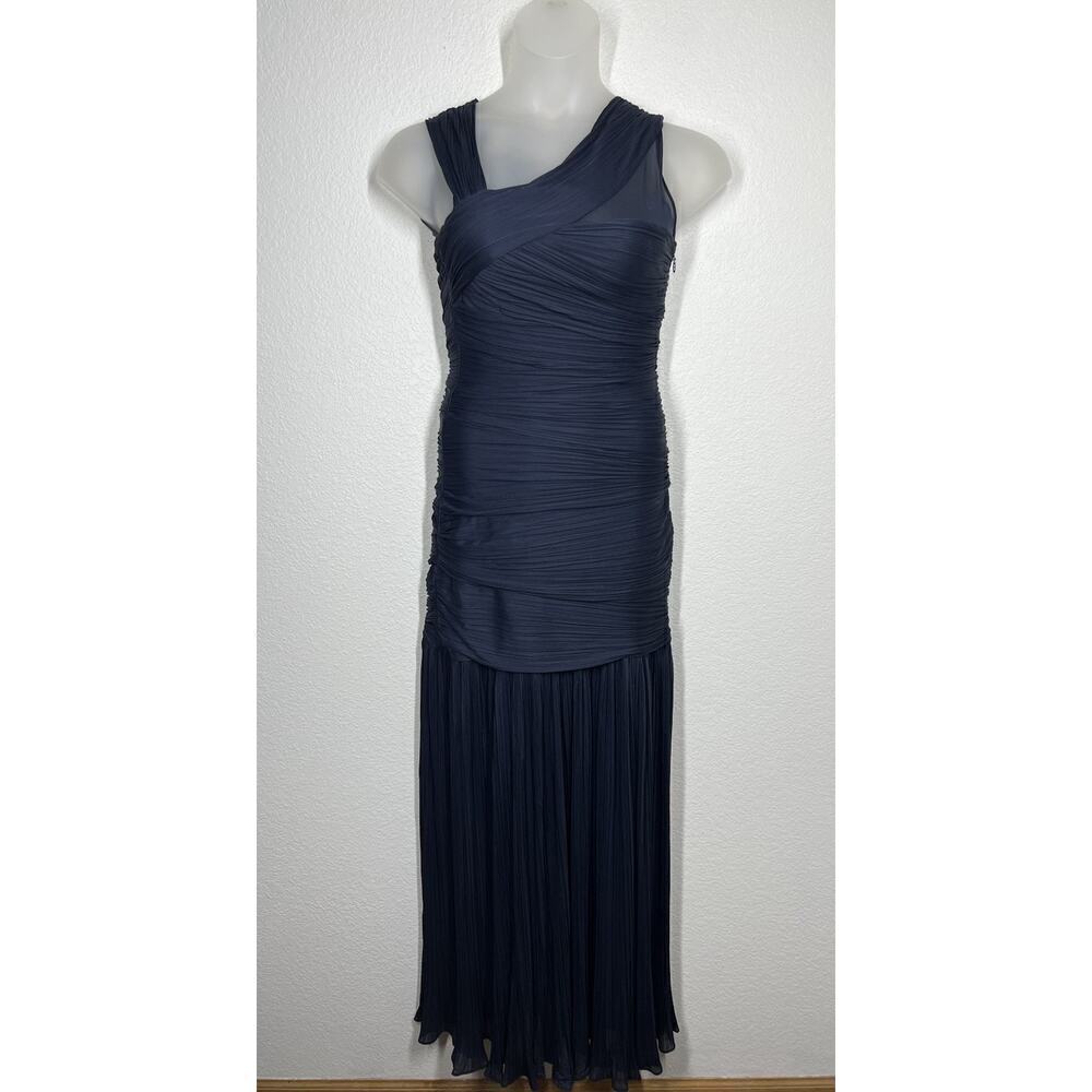 Halston Heritage Navy Pleated Dress Size Medium Mermaid Gown Formal